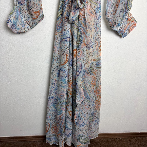 Paisley Maxi Dress blue cream sheer sz L flowy long sleeve whimsy feminine - Picture 4 of 13